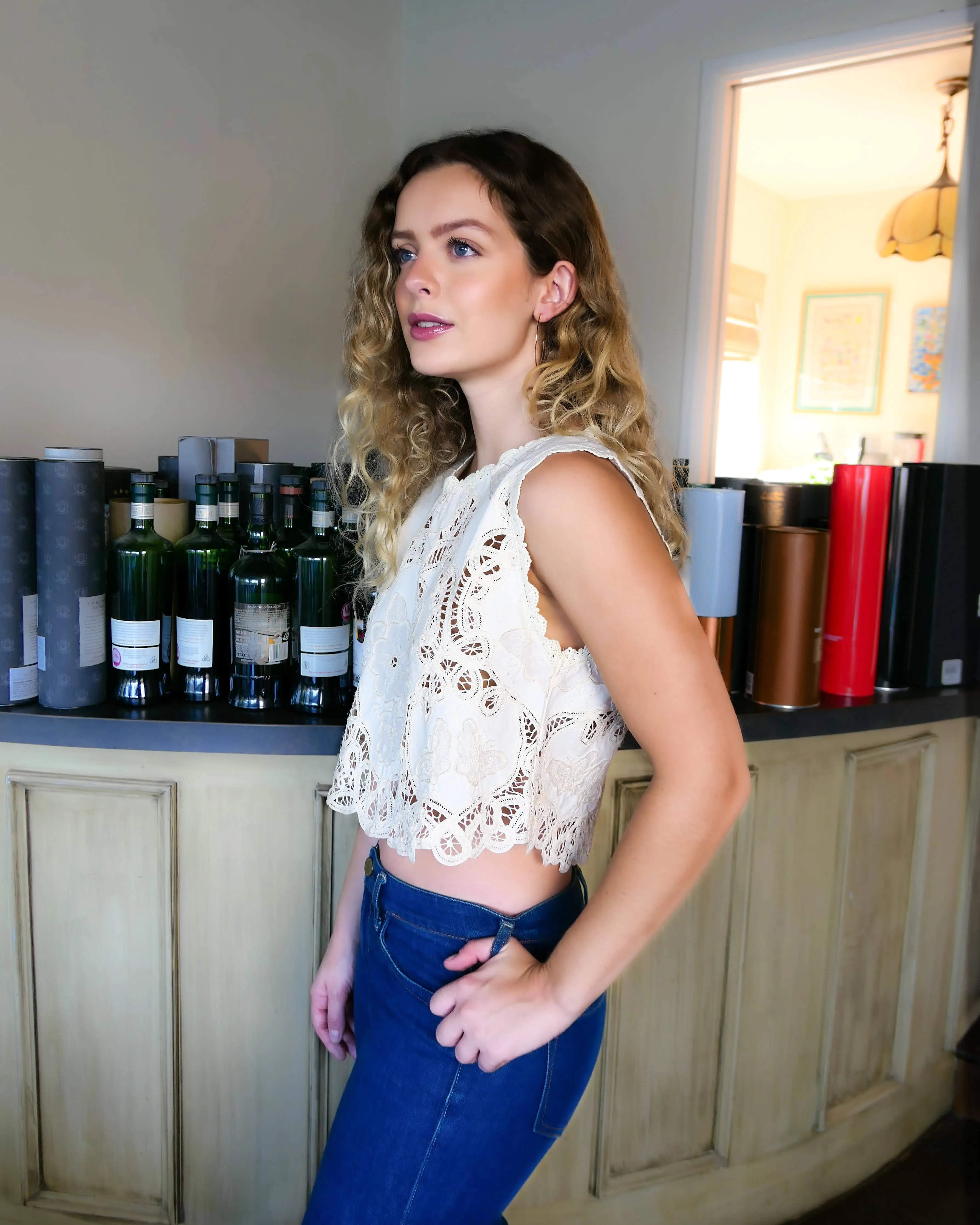 Battenberg Lace Butterfly Motif Crop Tank Top