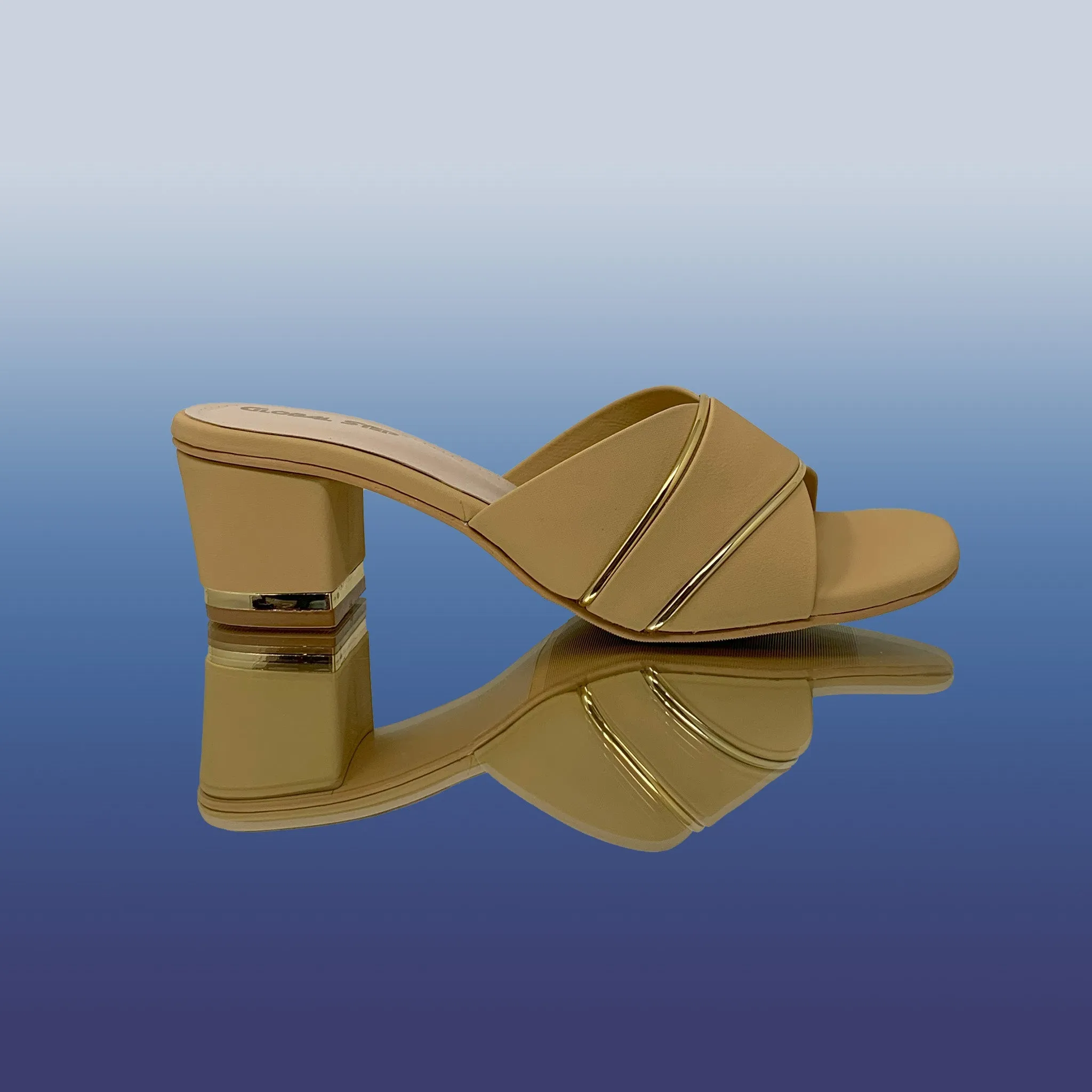 Beige Block Heel with Gold Accents