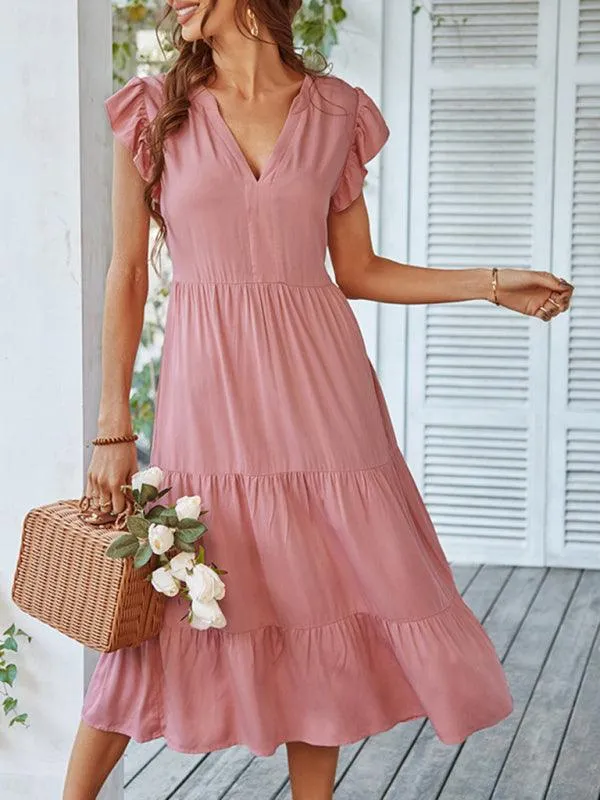 Bohemian Flutter Sleeve Vintage V-Neck Dress with a Touch of Elegance