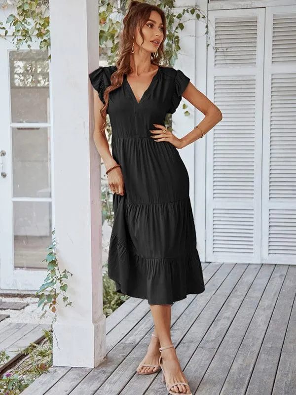 Bohemian Flutter Sleeve Vintage V-Neck Dress with a Touch of Elegance