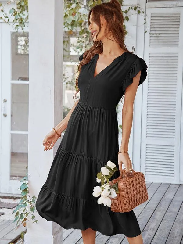 Bohemian Flutter Sleeve Vintage V-Neck Dress with a Touch of Elegance
