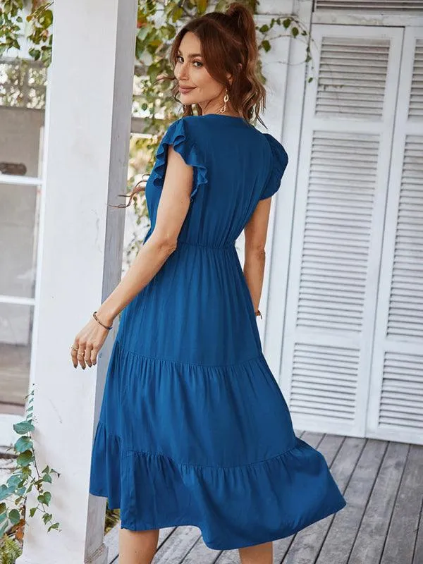 Bohemian Flutter Sleeve Vintage V-Neck Dress with a Touch of Elegance