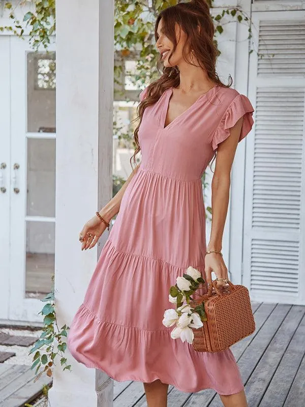 Bohemian Flutter Sleeve Vintage V-Neck Dress with a Touch of Elegance
