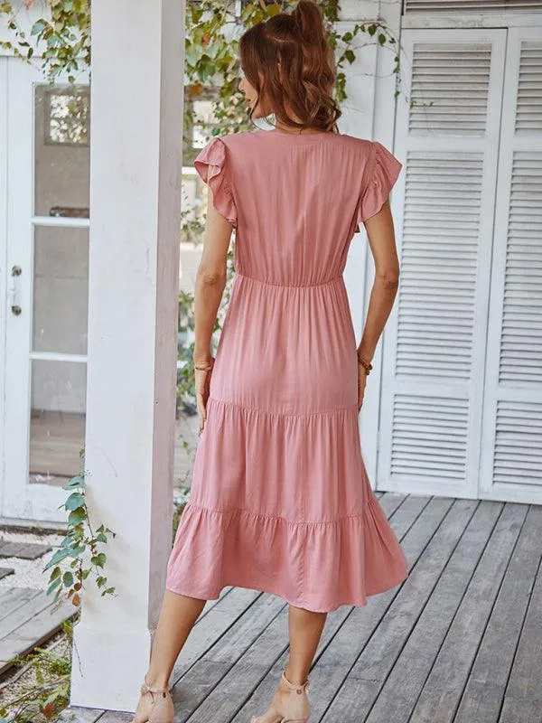 Bohemian Flutter Sleeve Vintage V-Neck Dress with a Touch of Elegance