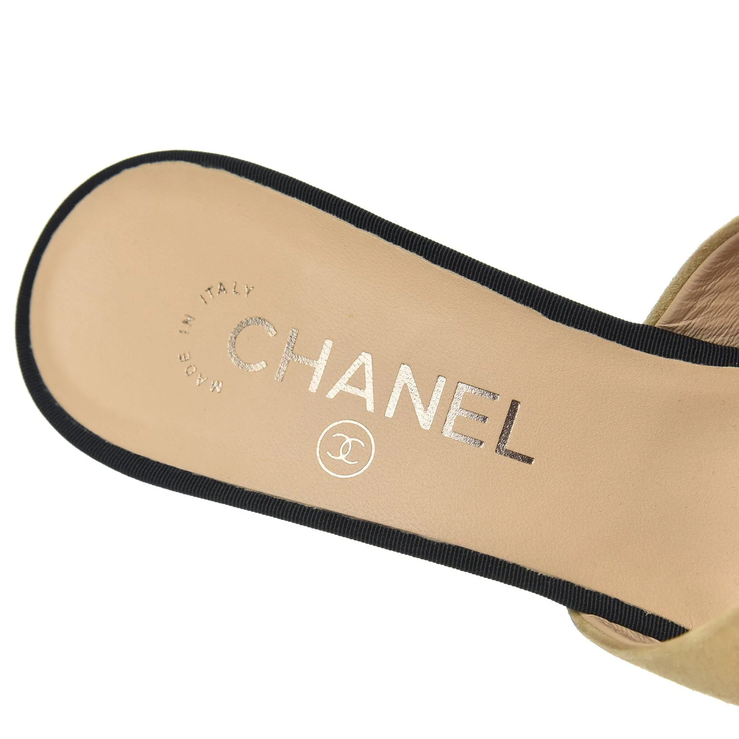 CHANEL TWO-TONED GROSGRAIN LEATHER PEARL CC HEEL MULES PUMPS