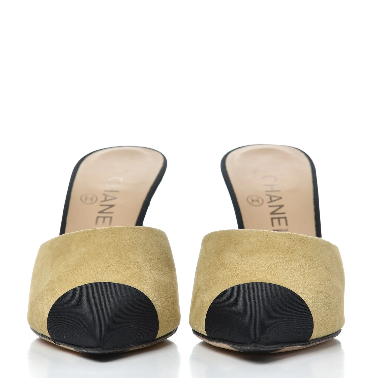 CHANEL TWO-TONED GROSGRAIN LEATHER PEARL CC HEEL MULES PUMPS