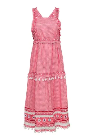 Dodo Bar Or - Red & White Printed Ruffle "Joseff" Maxi Dress w/ Fringe Trim Sz S