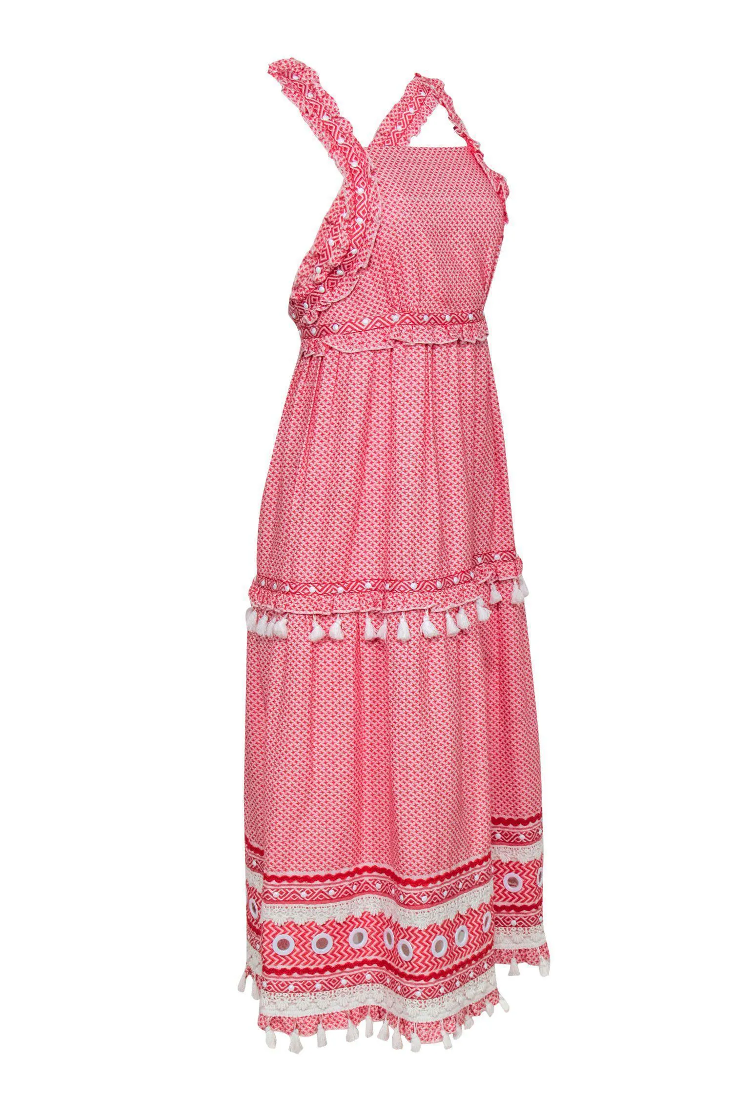 Dodo Bar Or - Red & White Printed Ruffle "Joseff" Maxi Dress w/ Fringe Trim Sz S