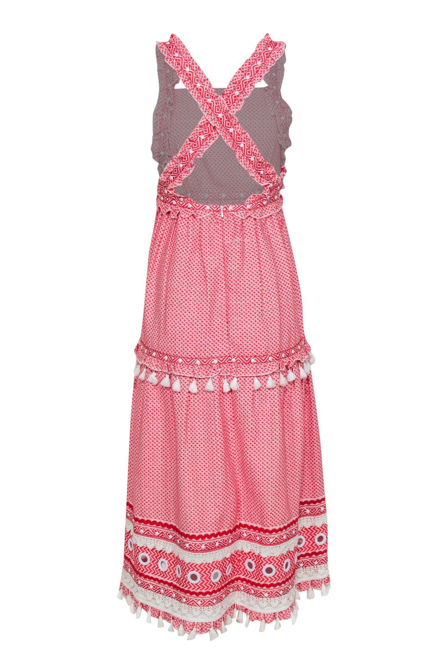 Dodo Bar Or - Red & White Printed Ruffle "Joseff" Maxi Dress w/ Fringe Trim Sz S