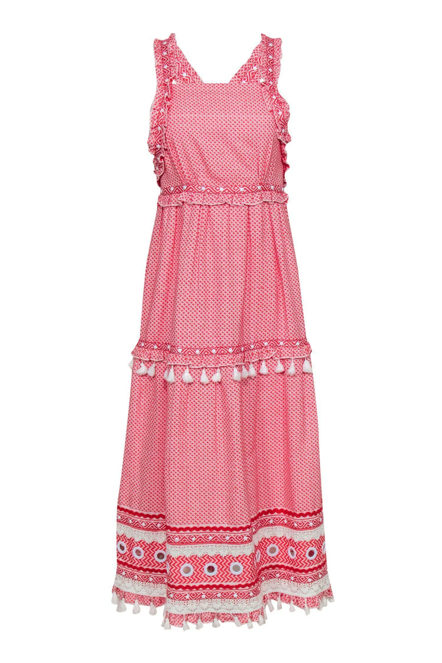 Dodo Bar Or - Red & White Printed Ruffle "Joseff" Maxi Dress w/ Fringe Trim Sz S