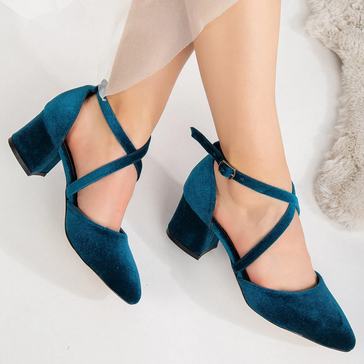 Dolly - Teal Blue Velvet Block Heels