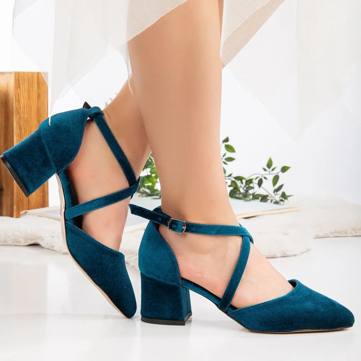 Dolly - Teal Blue Velvet Block Heels