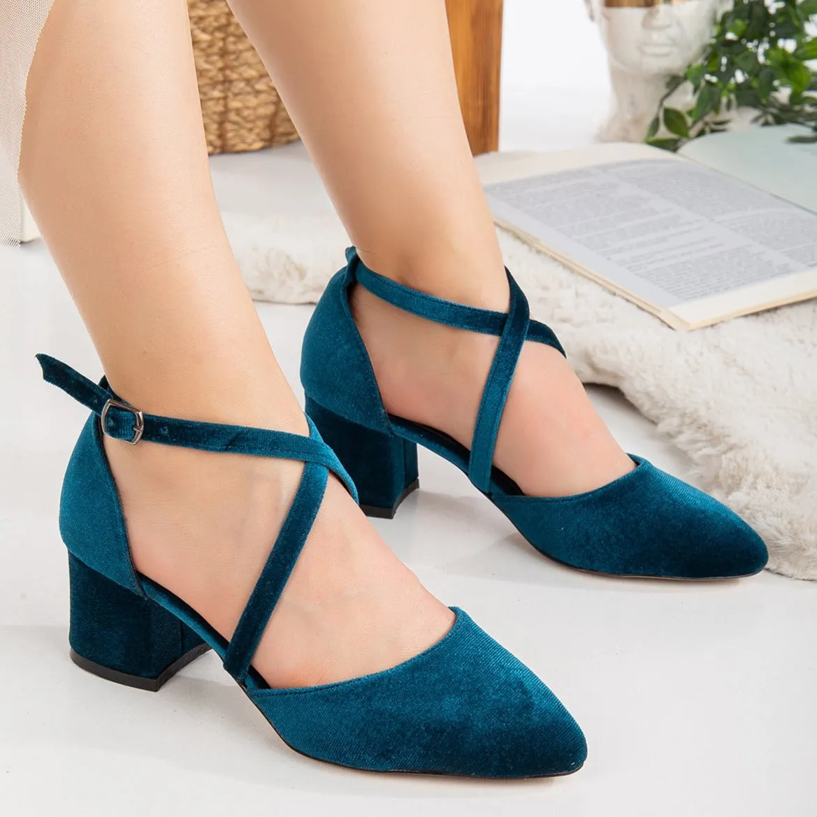 Dolly - Teal Blue Velvet Block Heels
