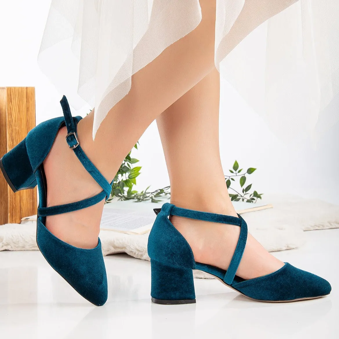 Dolly - Teal Blue Velvet Block Heels