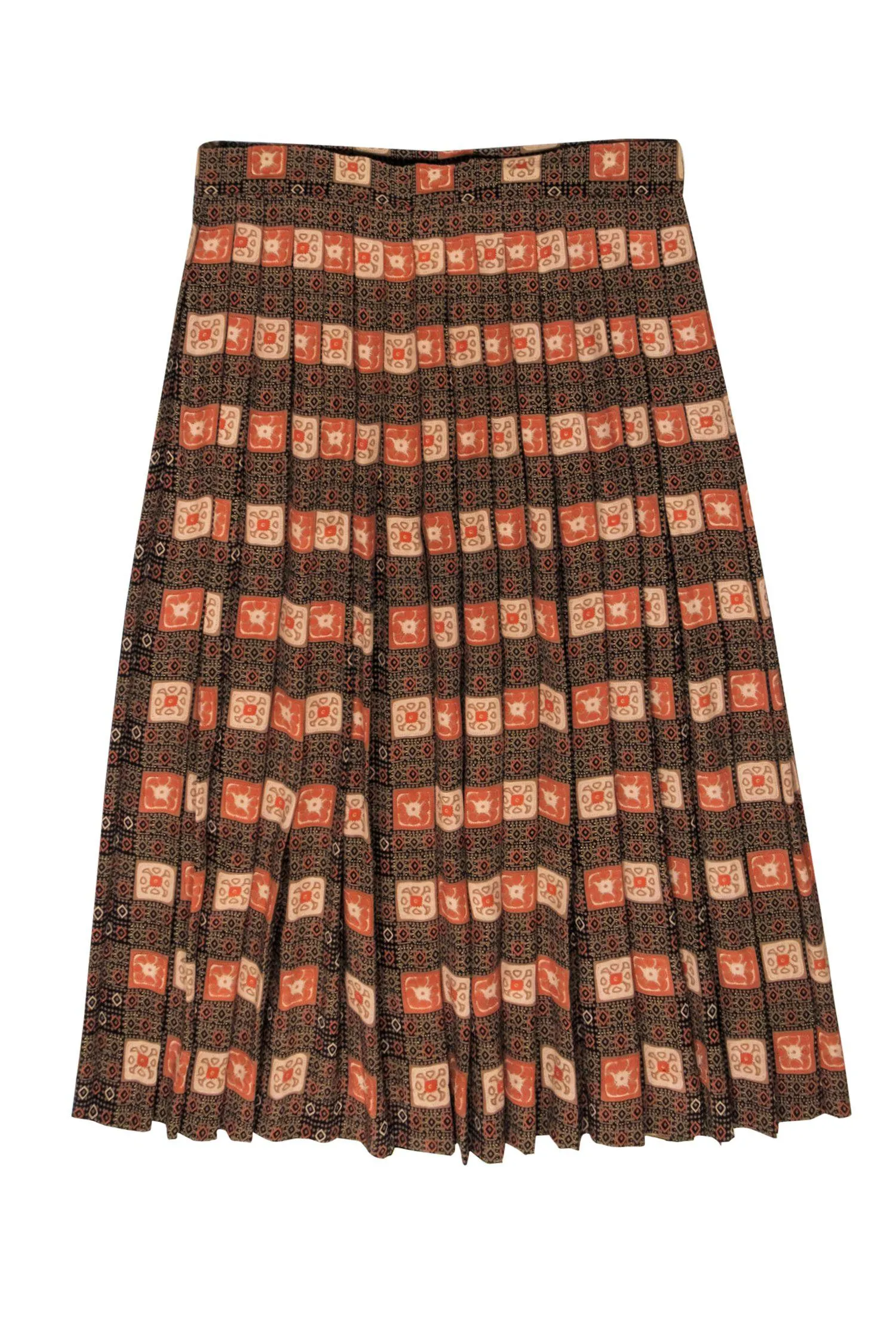 Doncaster - Brown, Black & Orange Bohemian Print Pleated Midi Skirt Sz 14