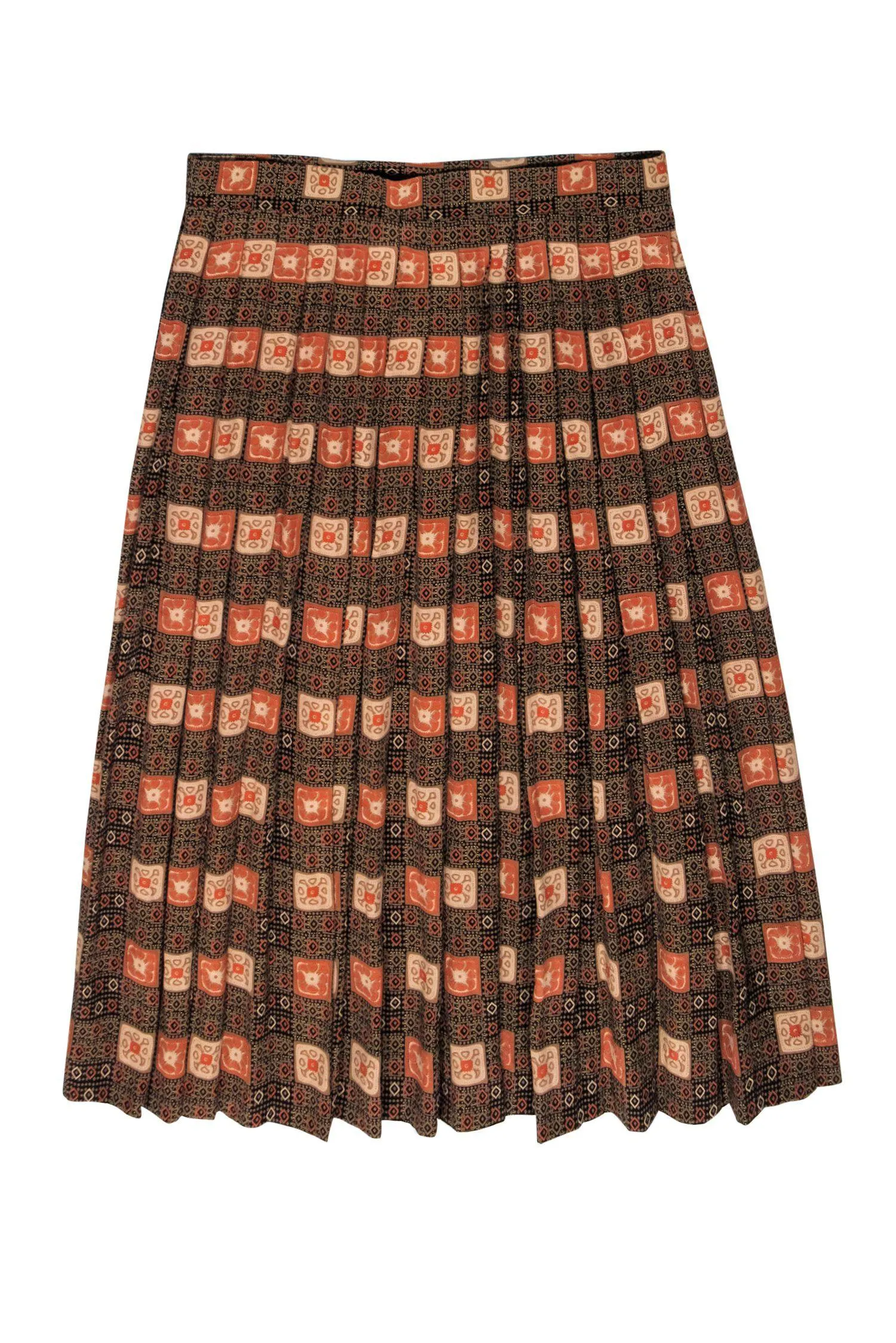 Doncaster - Brown, Black & Orange Bohemian Print Pleated Midi Skirt Sz 14