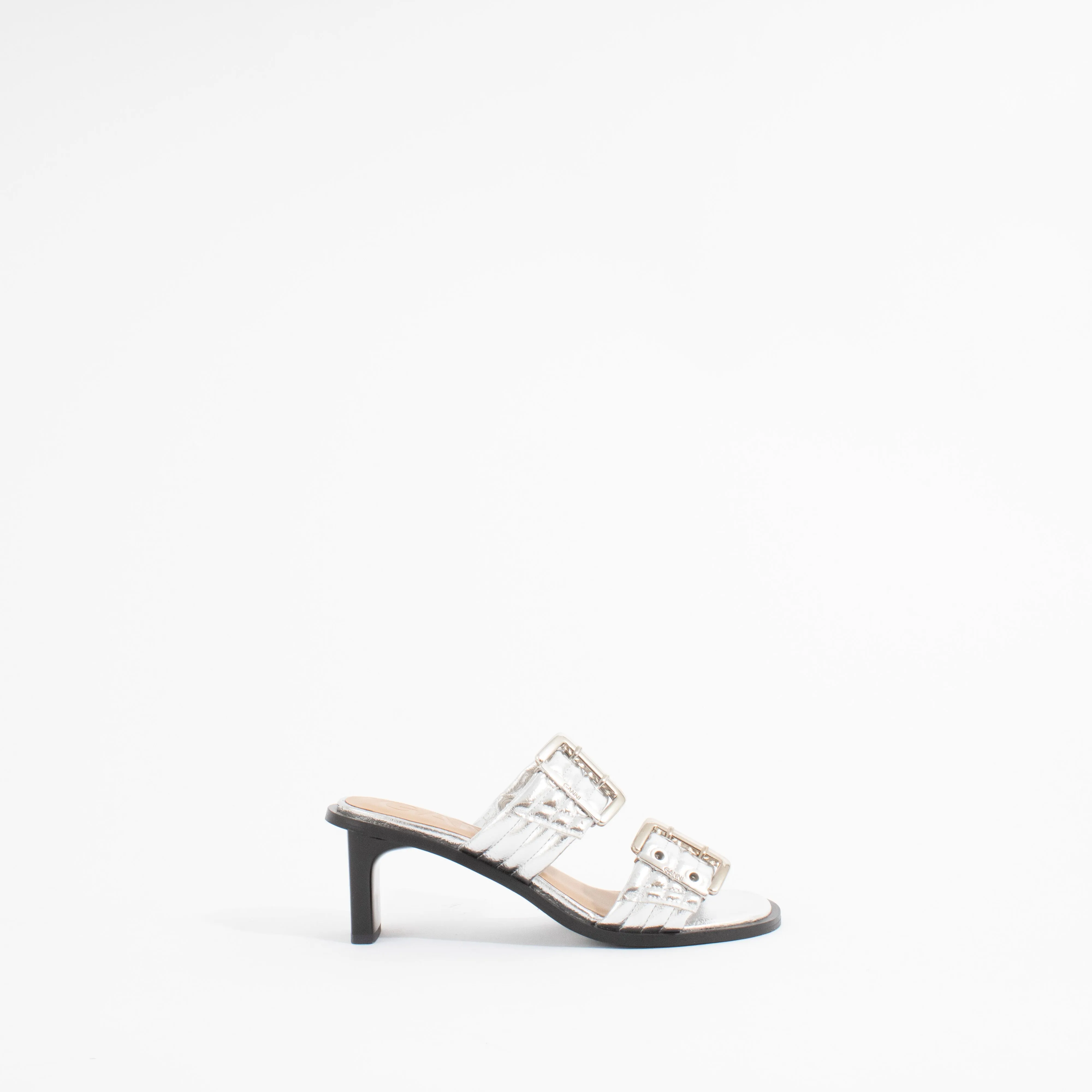 FEMININE BUCKLE HEEL MULE SANDAL | SILVER