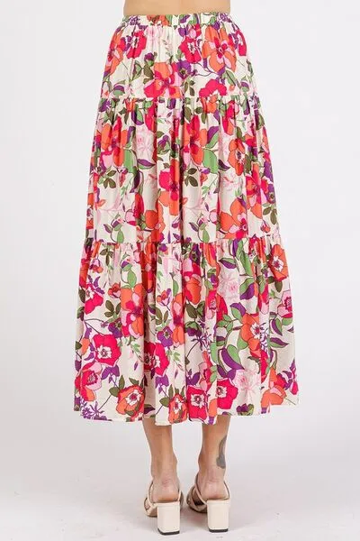 Flower Print Elastic Waist Tiered Skirt