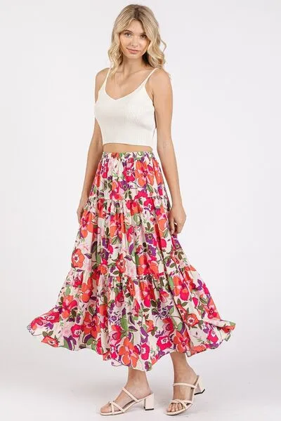 Flower Print Elastic Waist Tiered Skirt