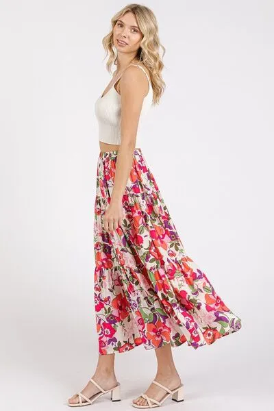 Flower Print Elastic Waist Tiered Skirt