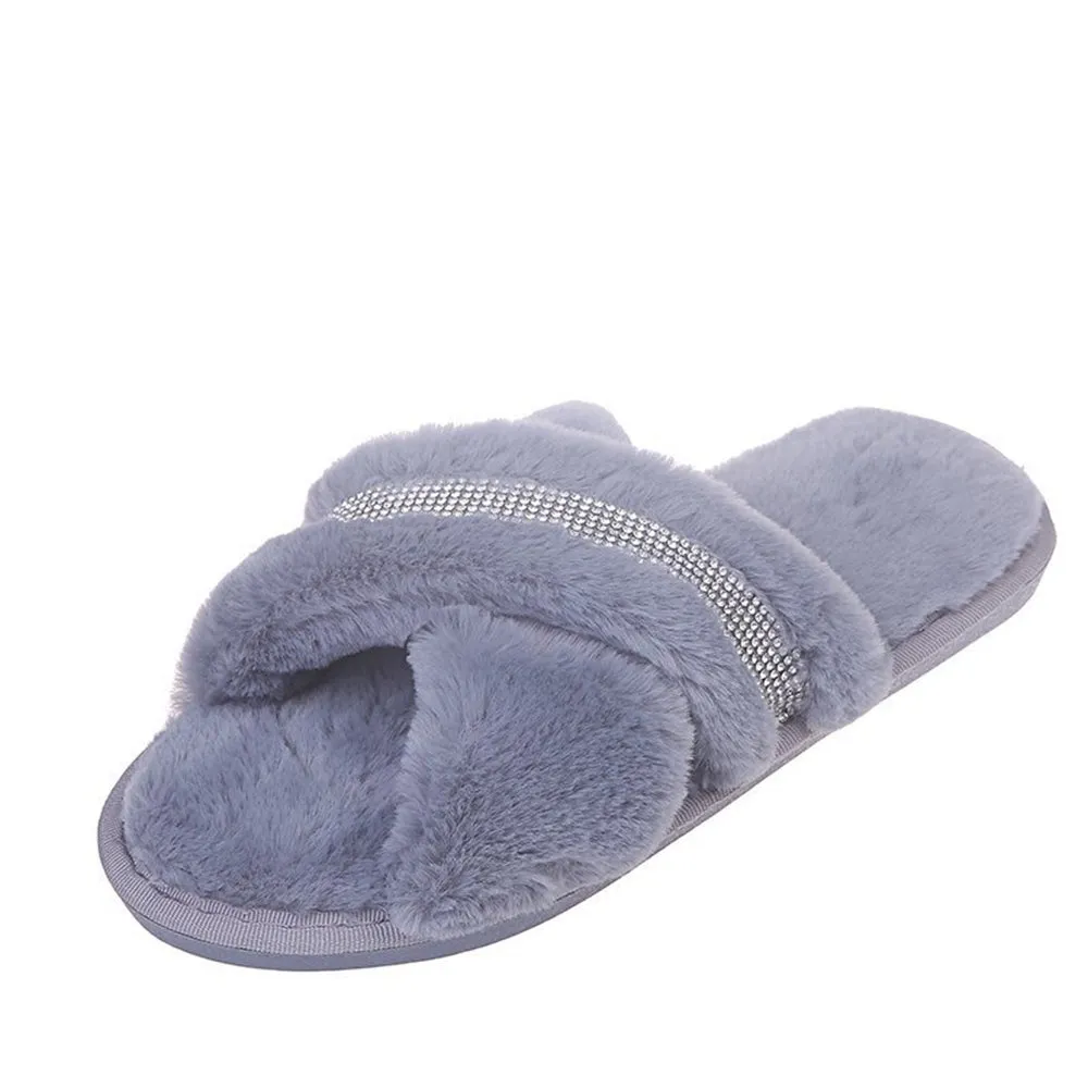 Hairy slippers, open-toed flat-bottomed slippers, home interior ins net celebrities with rhinestones 2020 new fashion lazy outer wear students glittering cross-flip sew bright diamond plus velvet cotton slippers