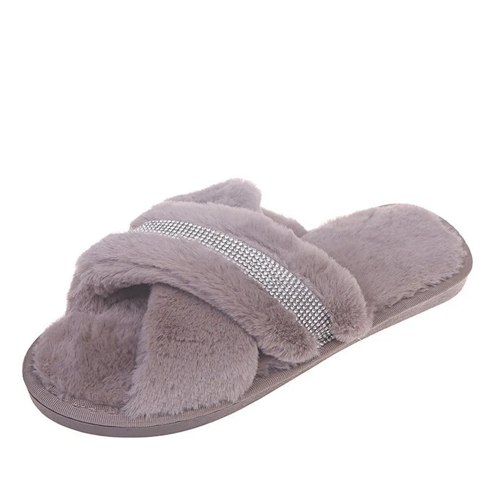 Hairy slippers, open-toed flat-bottomed slippers, home interior ins net celebrities with rhinestones 2020 new fashion lazy outer wear students glittering cross-flip sew bright diamond plus velvet cotton slippers