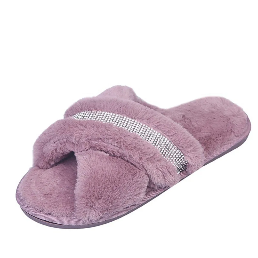 Hairy slippers, open-toed flat-bottomed slippers, home interior ins net celebrities with rhinestones 2020 new fashion lazy outer wear students glittering cross-flip sew bright diamond plus velvet cotton slippers