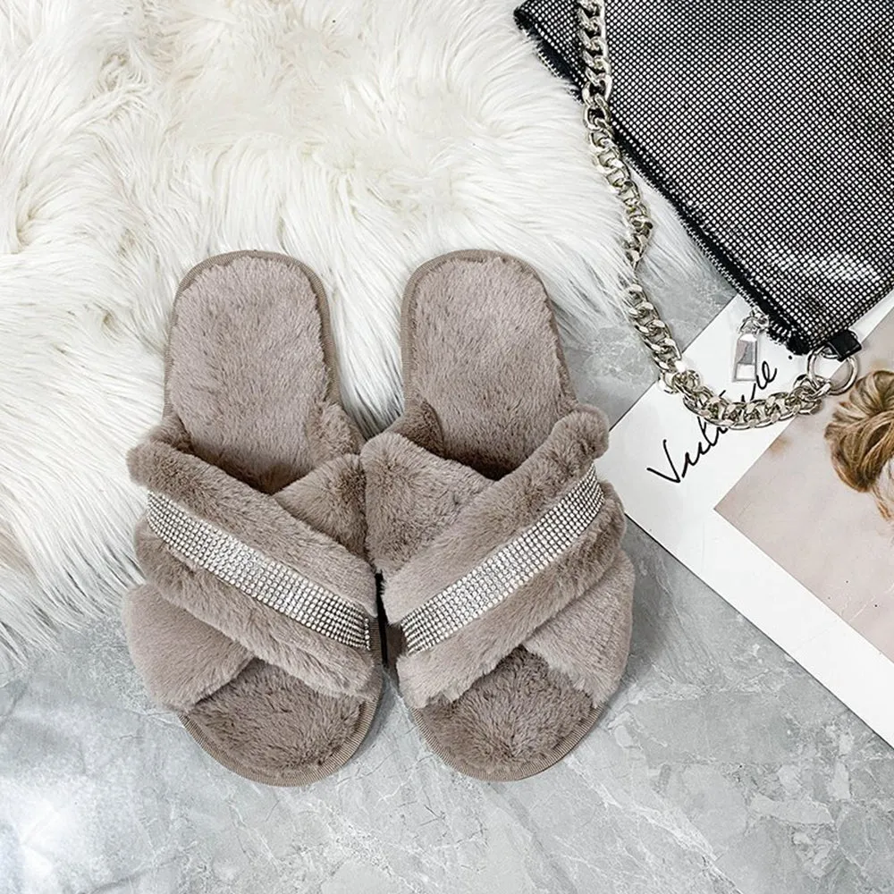 Hairy slippers, open-toed flat-bottomed slippers, home interior ins net celebrities with rhinestones 2020 new fashion lazy outer wear students glittering cross-flip sew bright diamond plus velvet cotton slippers