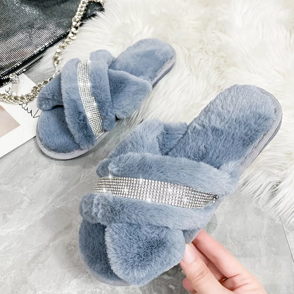 Hairy slippers, open-toed flat-bottomed slippers, home interior ins net celebrities with rhinestones 2020 new fashion lazy outer wear students glittering cross-flip sew bright diamond plus velvet cotton slippers