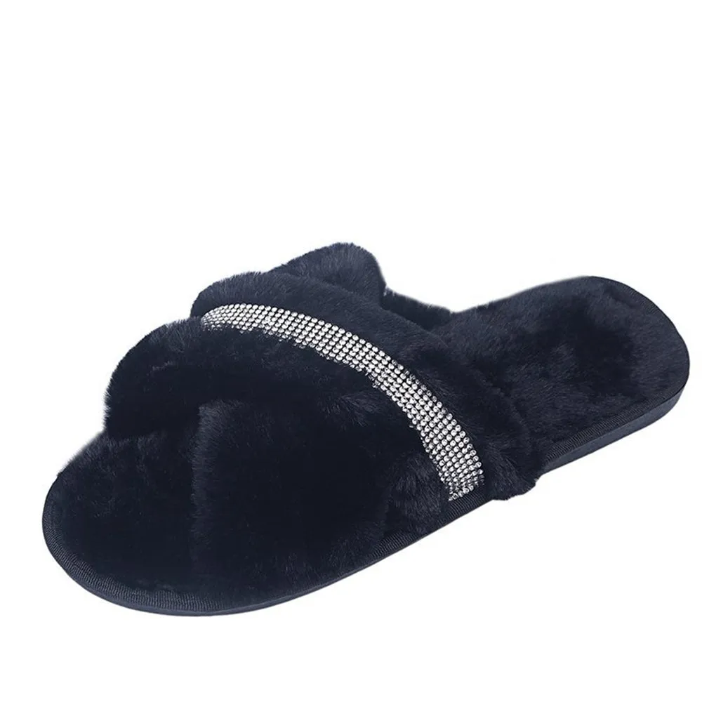 Hairy slippers, open-toed flat-bottomed slippers, home interior ins net celebrities with rhinestones 2020 new fashion lazy outer wear students glittering cross-flip sew bright diamond plus velvet cotton slippers