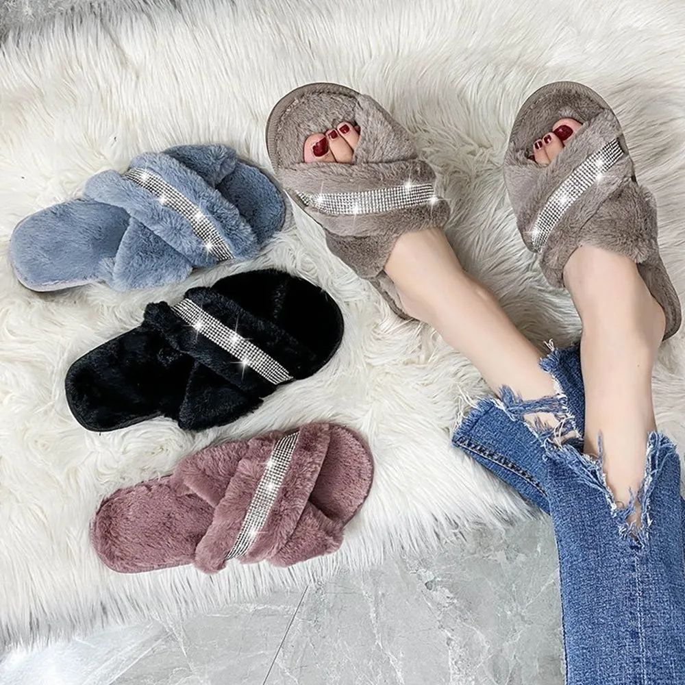 Hairy slippers, open-toed flat-bottomed slippers, home interior ins net celebrities with rhinestones 2020 new fashion lazy outer wear students glittering cross-flip sew bright diamond plus velvet cotton slippers