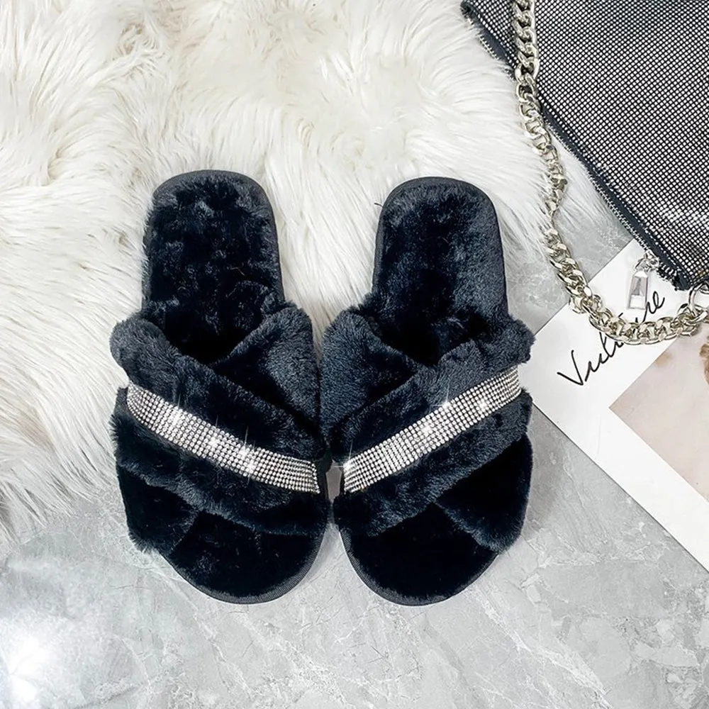Hairy slippers, open-toed flat-bottomed slippers, home interior ins net celebrities with rhinestones 2020 new fashion lazy outer wear students glittering cross-flip sew bright diamond plus velvet cotton slippers