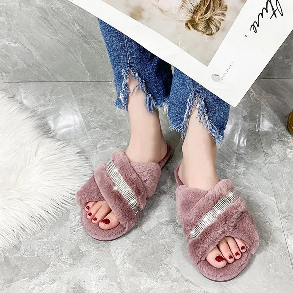 Hairy slippers, open-toed flat-bottomed slippers, home interior ins net celebrities with rhinestones 2020 new fashion lazy outer wear students glittering cross-flip sew bright diamond plus velvet cotton slippers