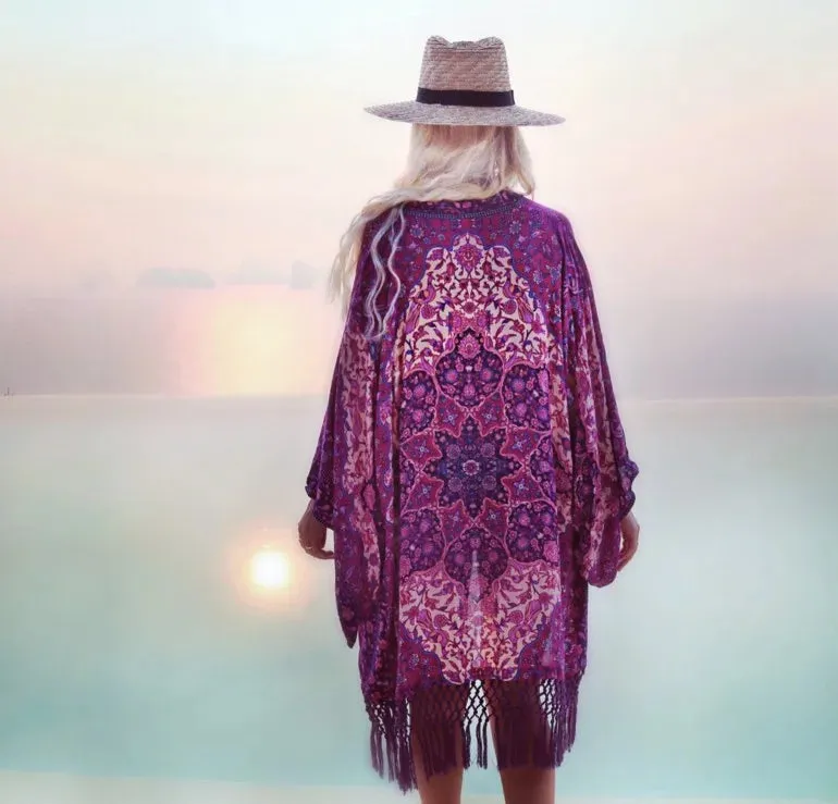 Happie Queens Women Floral Print Long Sleeve Beach Bohemian Maxi Dress Ladies V-Neck Loose Chiffon Boho Kimono Cover-Ups
