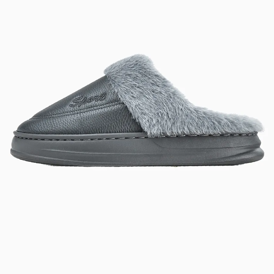 Leather Slippers for Men with Faux Fur Collar
