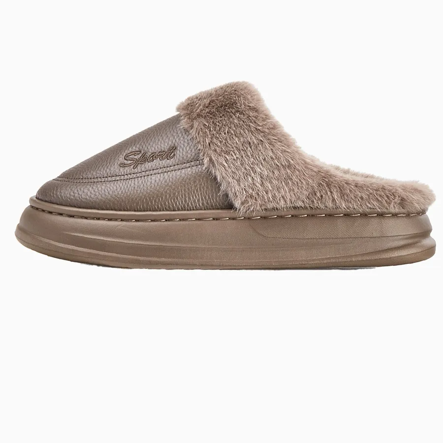 Leather Slippers for Men with Faux Fur Collar