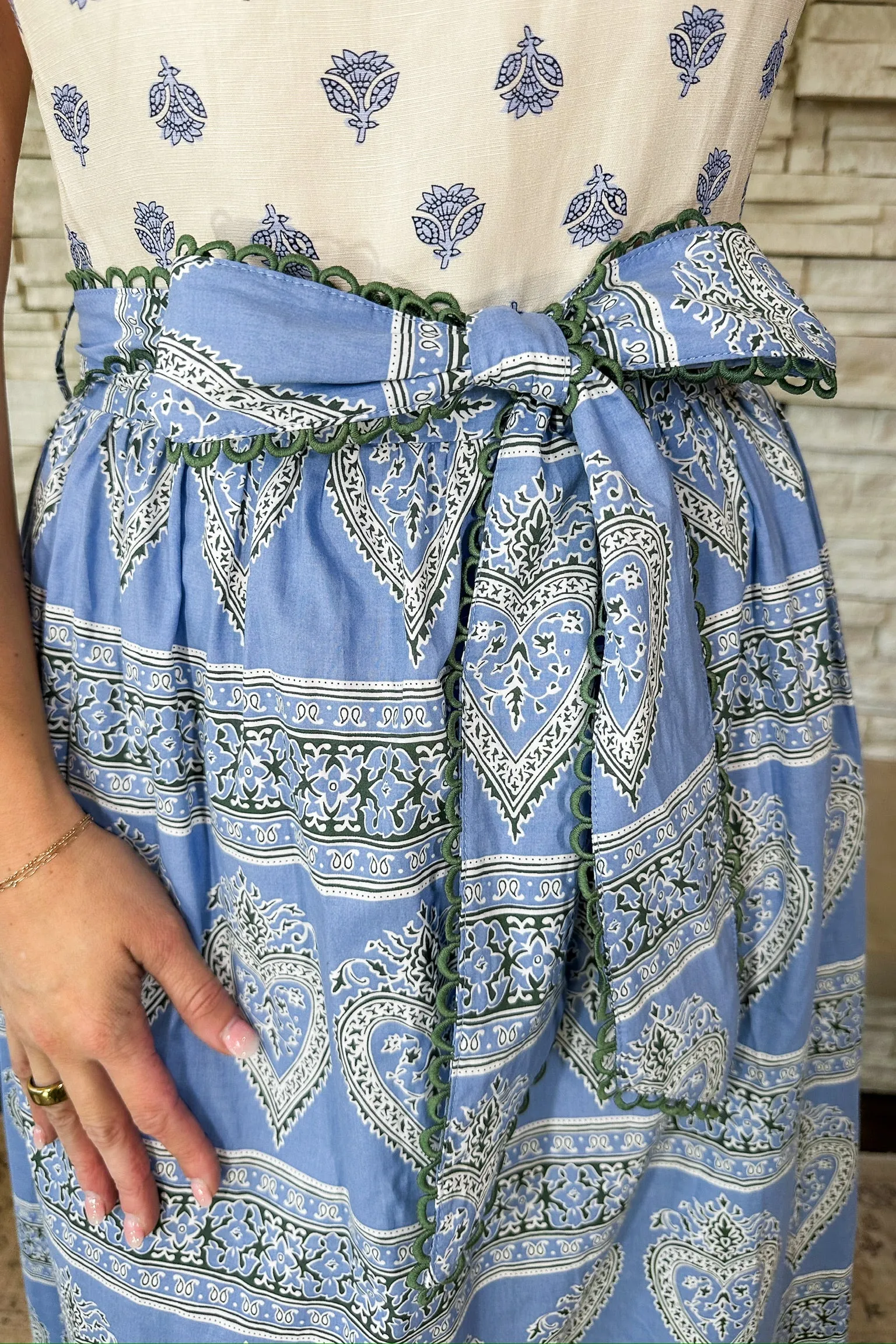 Mixed Boho Print Eyelet Trim Tie Waist Midi Dress