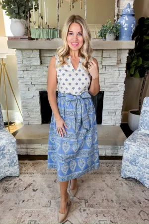 Mixed Boho Print Eyelet Trim Tie Waist Midi Dress