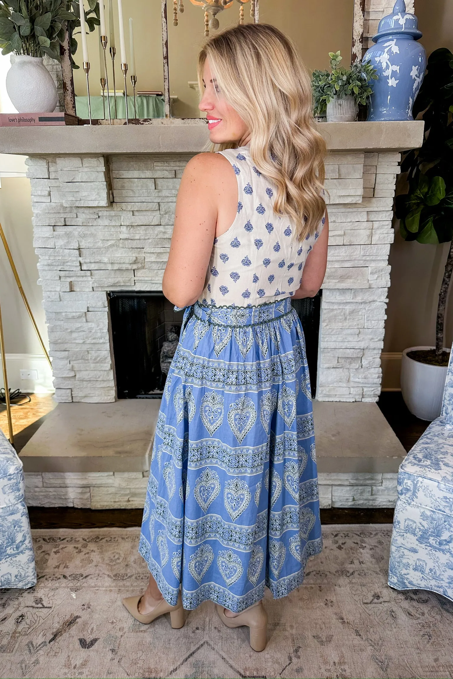 Mixed Boho Print Eyelet Trim Tie Waist Midi Dress