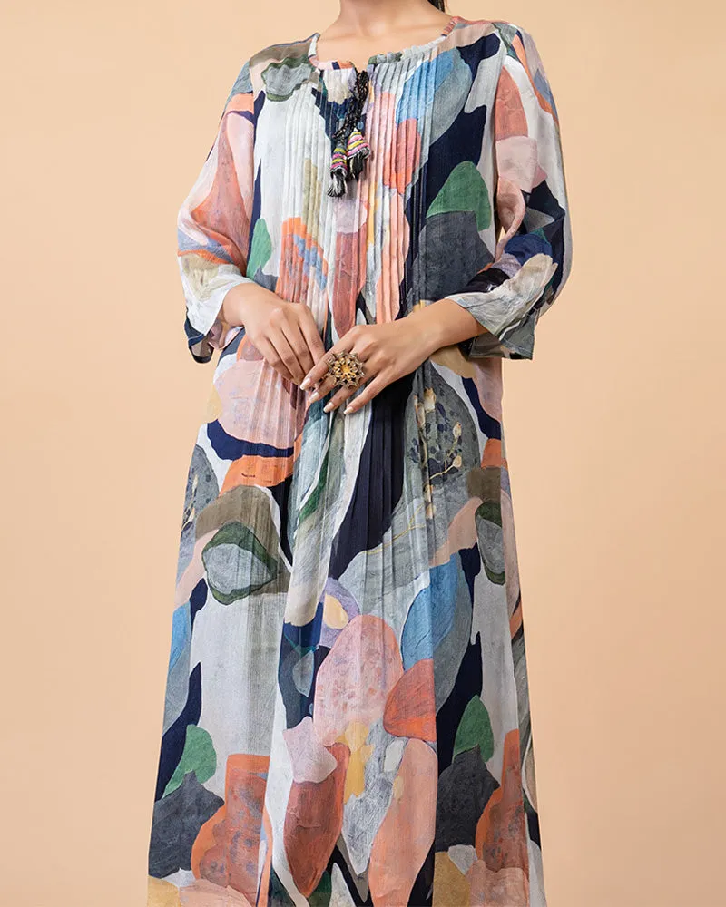 Printed Maxi Dress with Tassel Accent on Neckline