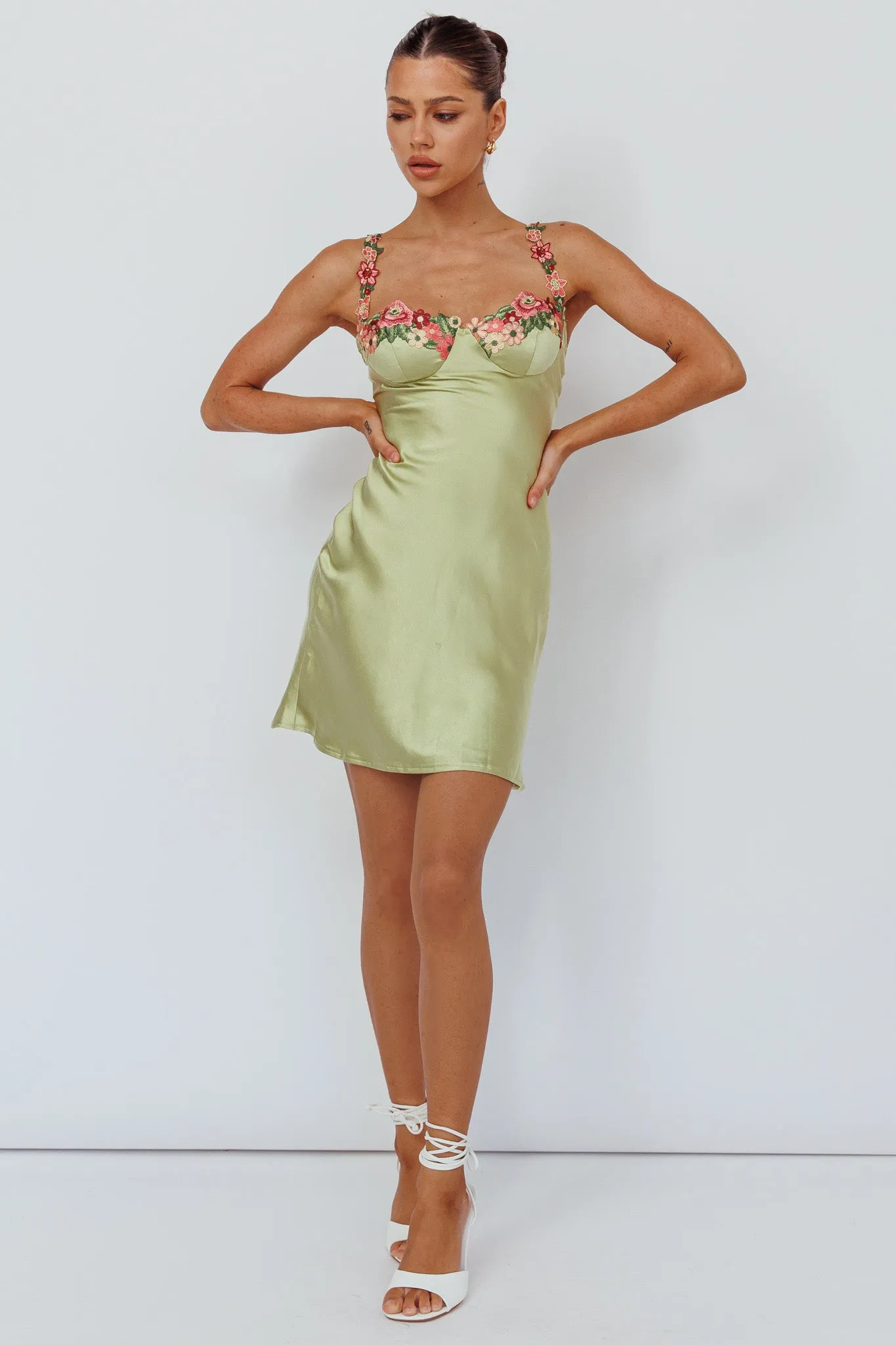 Rose Garden Floral Applique Mini Dress Lime