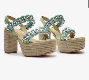 Schutz Juliet Plataform Lime Green Braided Buckled Strap Heel Platform Sandals