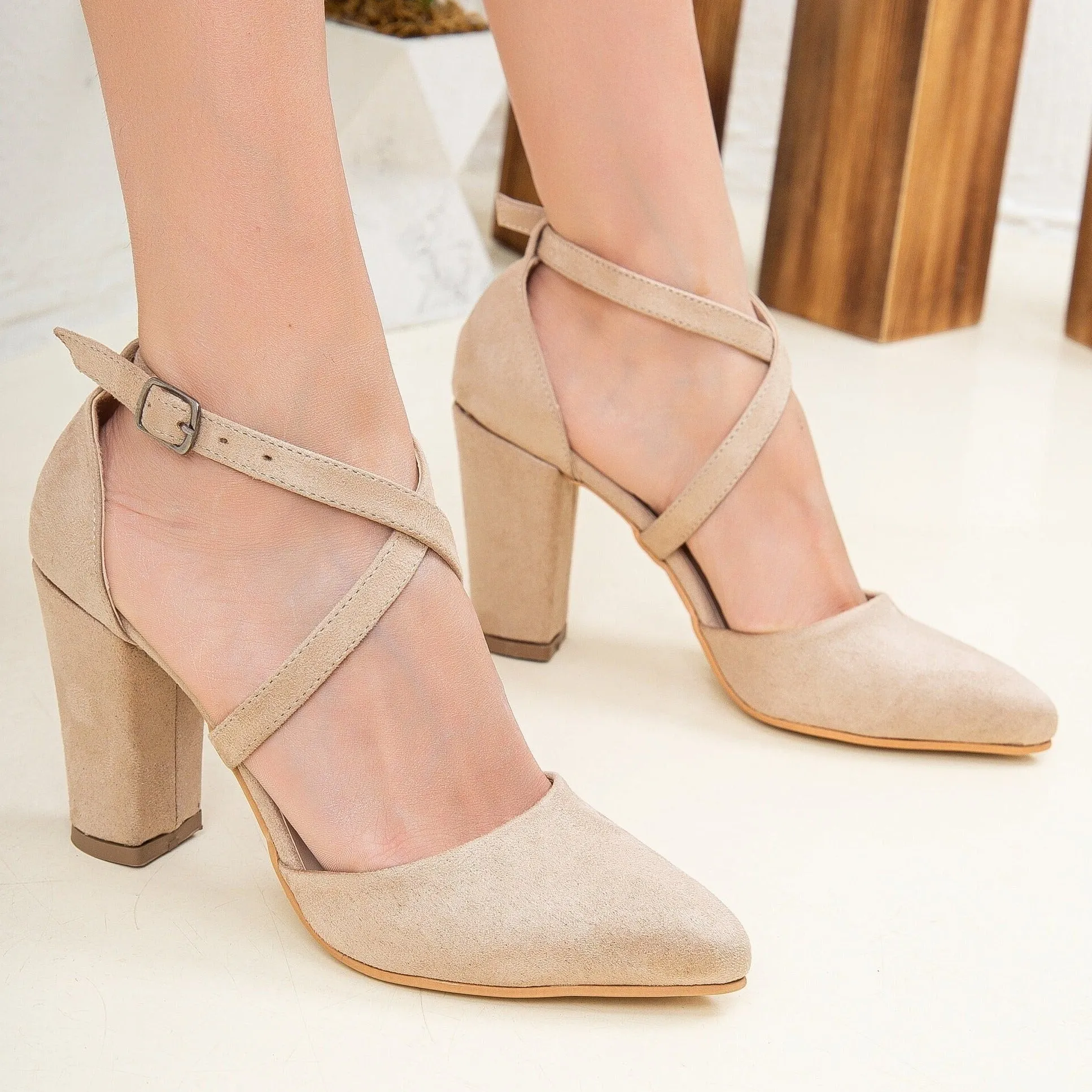 Sina - Beige Suede Criss Cross Heels
