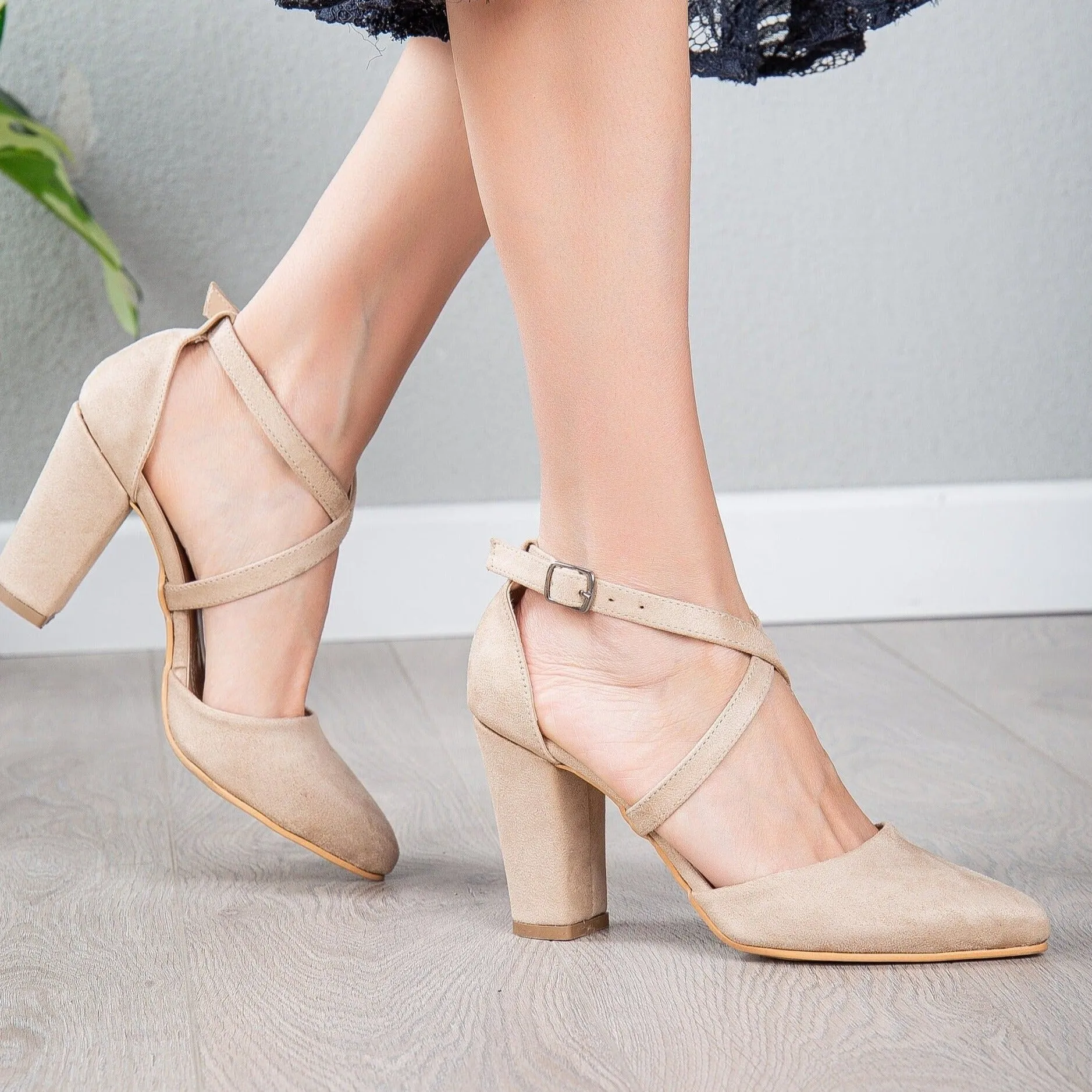 Sina - Beige Suede Criss Cross Heels