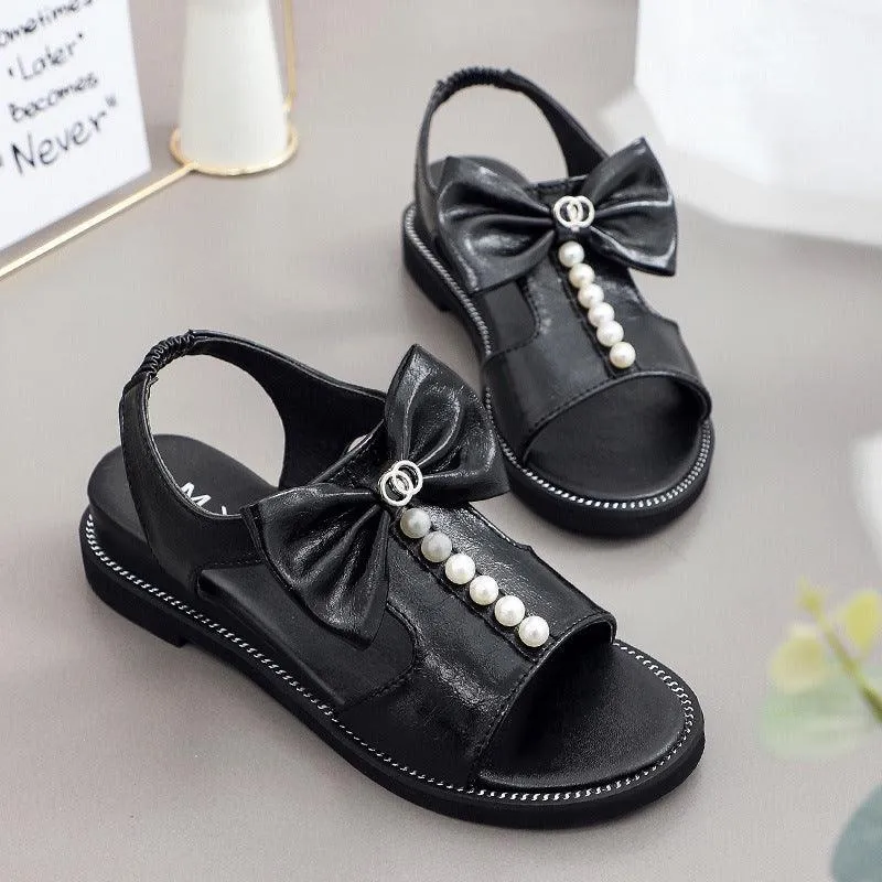 Soft-sole Bowknot Fish Mouth Beaded Flat-heel Beach Sandals