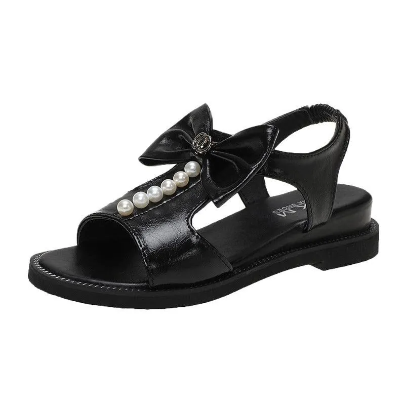 Soft-sole Bowknot Fish Mouth Beaded Flat-heel Beach Sandals