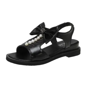 Soft-sole Bowknot Fish Mouth Beaded Flat-heel Beach Sandals