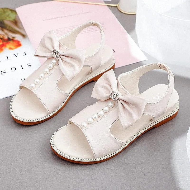 Soft-sole Bowknot Fish Mouth Beaded Flat-heel Beach Sandals