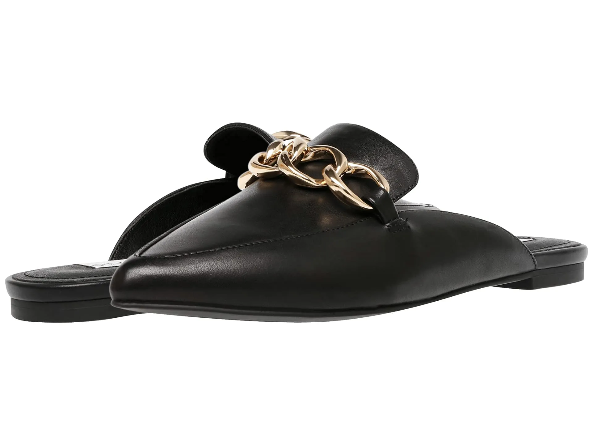 Steve Madden Forte Black Leather Fashion Slip On Chain Pointed Toe Mule Shoes
