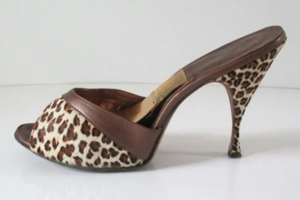 Vintage 50's 60's Leopard Springolator Bombshell Heels Shoes 8.5 M